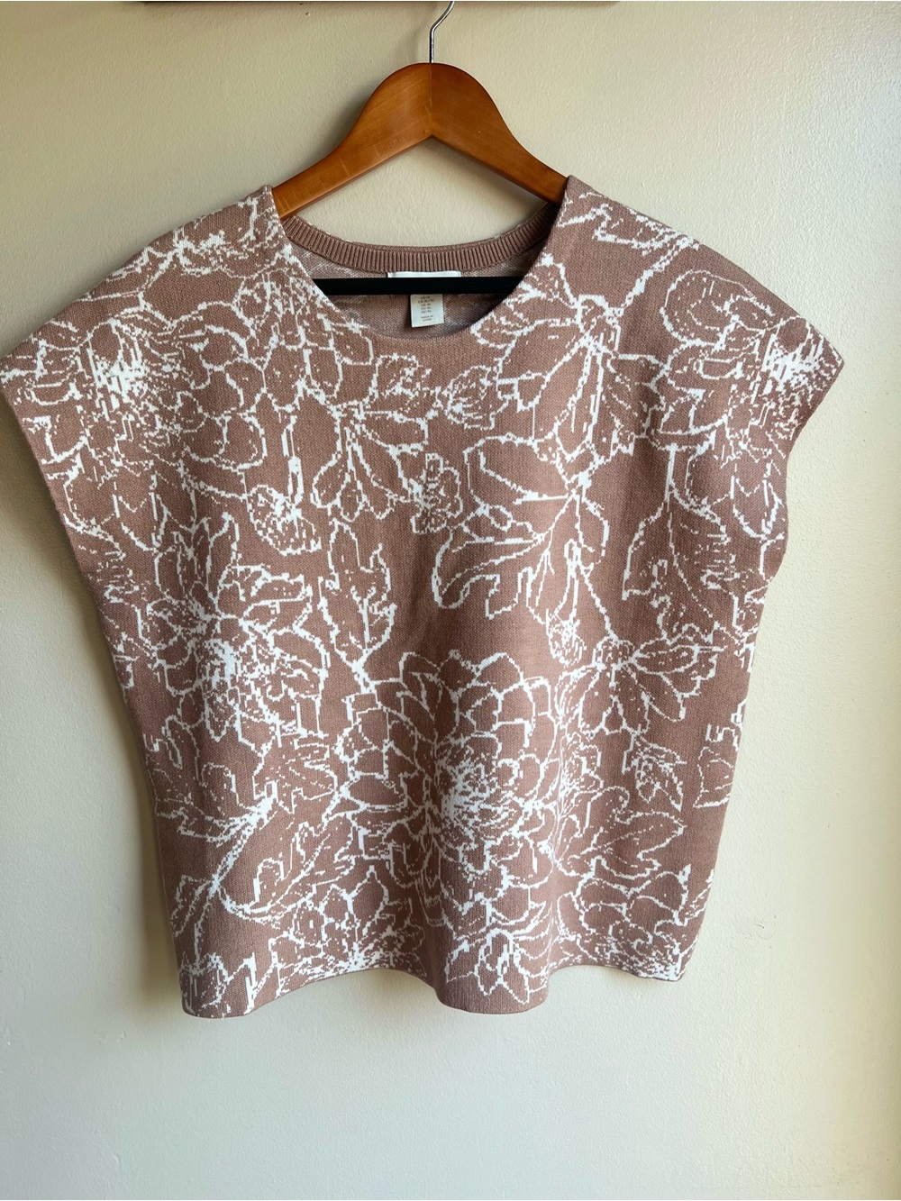 Cynthia Rowley XL Taupe Cream Floral Jacquard Knit Cap Sleeve Sweater Top